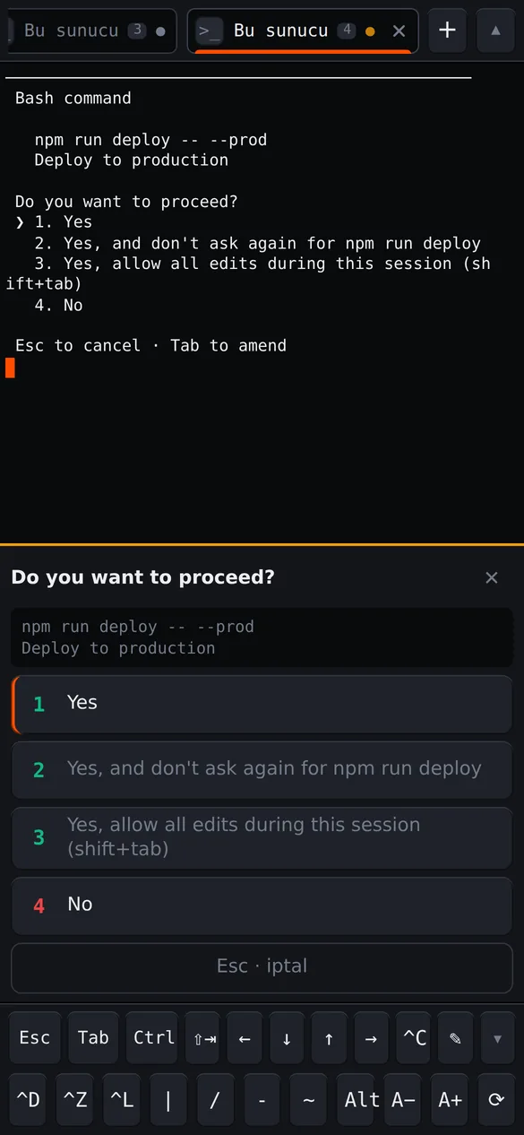 HK Terminal'de Claude Code'un npm run deploy -- --prod komutu için sorduğu izin ve büyük düğmeli onay kartı