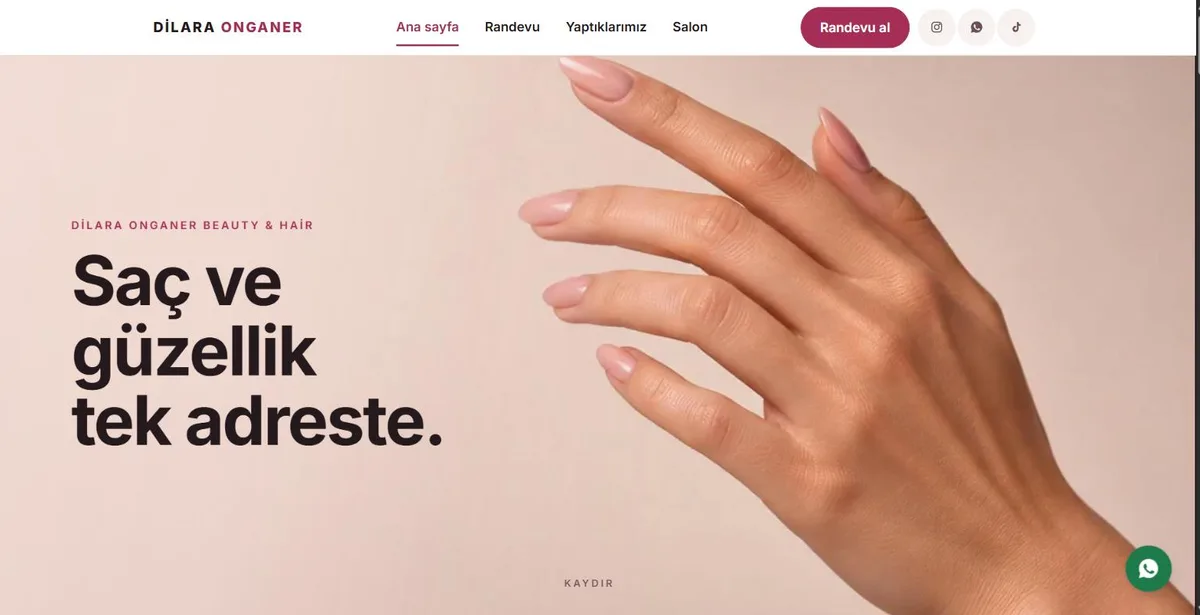 Dilara Onganer Beauty & Hair sitesinin açılış ekranı