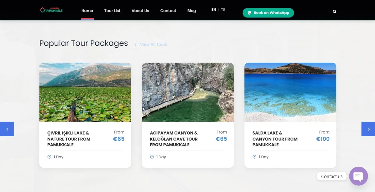 Excursion Pamukkale sitesinin tur listesi bölümü