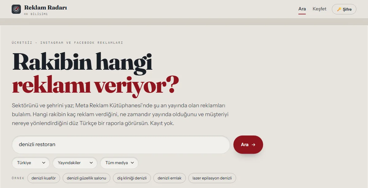 Reklam Radarı aracının arama ekranı: sektör ve şehir yazılıp Meta'da yayındaki reklamlar aranıyor