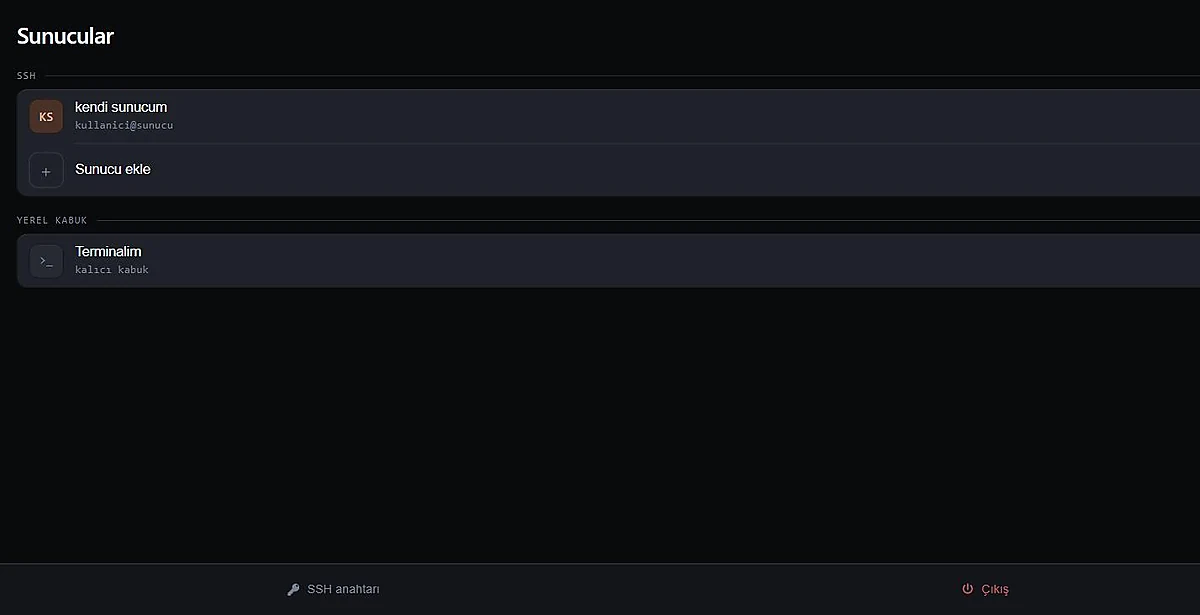 Terminal uygulamasının sunucu listesi ekranı